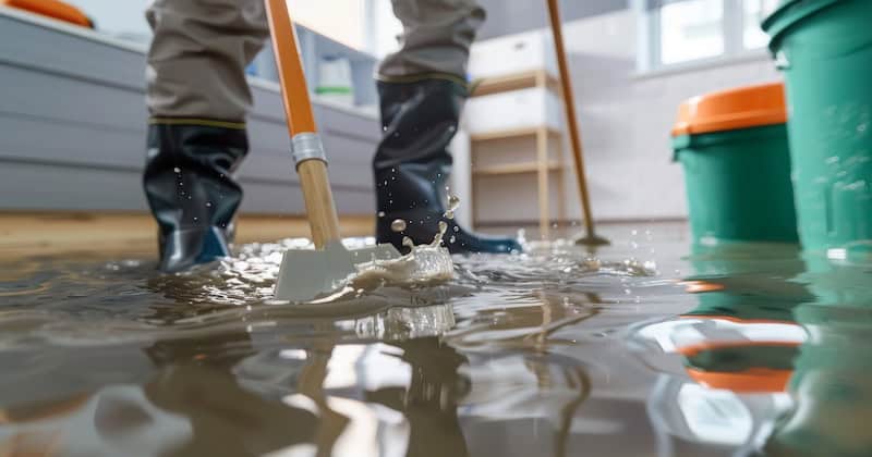 Worker cleaning standing water from a flooded floor