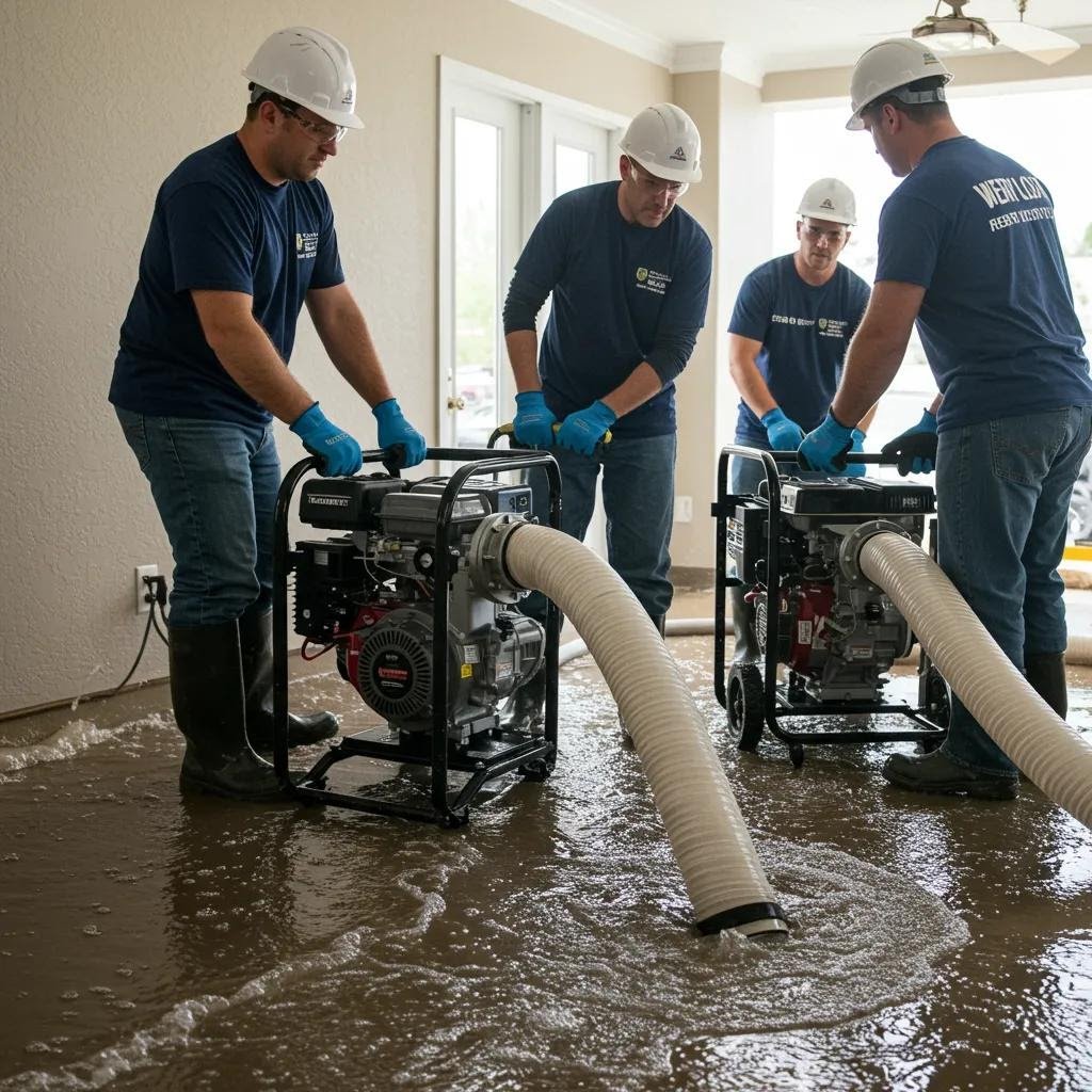 Crew using pumps to remove standing water from a home